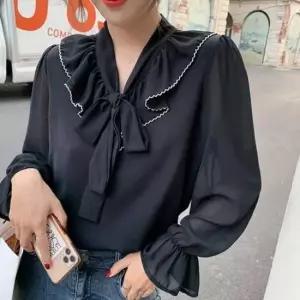 [옷은날개] 프릴 리본 배색라인 포인트 쉬폰 볼레로 블라우스