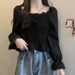 [의류] 크롭 블라우스 바디 스모크밴딩 러블리 블라우스