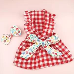 애견 체크 원피스+머리핀 강아지 고양이 여름옷 애견의류 반려동물 실내복 강아지옷