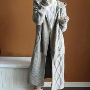 [옷은날개] 후드 꽈배기 롱가디건 베이직 노단추 캐주얼룩