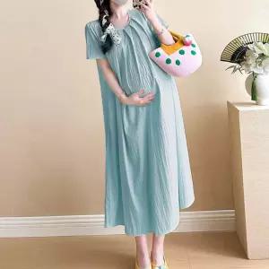 임산부 루즈핏 반팔 플리츠 롱원피스 여성 데일리룩 TqA2+7sca