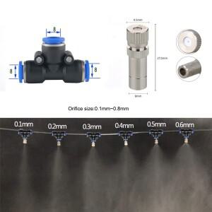 8mm 미스트 포거 노즐 5pcs Orifice0.1mm-0.8mm 홈 가든 관개 냉각 시스템 용 퀵 슬립 잠금 티 커넥터 포함