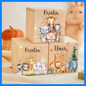 개인 맞춤형 사파리 동물 이름 나무 저금통 어린이 동전 저금통 동전 수집 상자 어린이 생일 선물