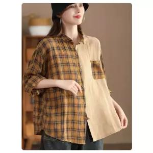 마이진 여성용 롱 가을 복고풍 칼라 린넨 셔츠 긴팔 컬러짜임 가디건 루즈핏 앤티크룩 블라우스 배색 ADOR3