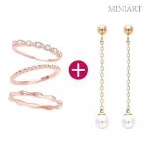 1+1 14K 진주 체인 롱 금 귀걸이+레이어드 반지 세트