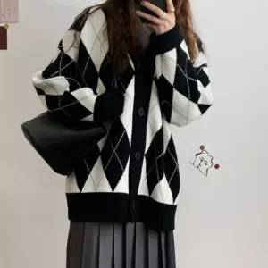 루즈핏 브이넥 가디건 가을 아가일 봄 배색 (WFJSM4O)