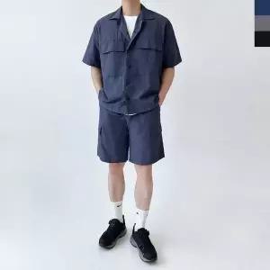 남성 여름 트레이닝 셋업 포켓 반팔 남방 반바지 세트 (WFIWH7D)