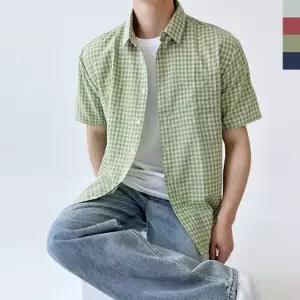 남성 여름 칼라 오버핏 시어서커 인기 체크 반팔 남방 셔츠 (WFIWH7H)