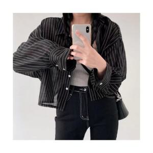 예쁨시전 봄 여름 시루 레이드 루즈핏 트라이프 긴팔 크롭 셔츠 남방