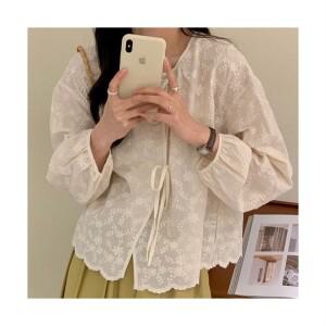 여성 리본 플라워 자수 긴팔 셔츠