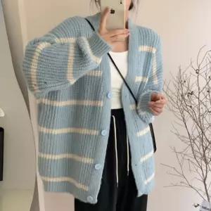 도톰한 루즈핏 데일리 단가라 패턴 포인트 가디건 여성봄자켓 롱