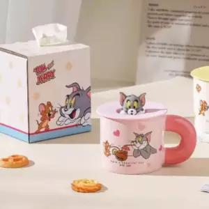 캐릭터 굿즈선물 머그컵 톰과제리 입체피규어 세라믹 컵 실리콘 뚜껑