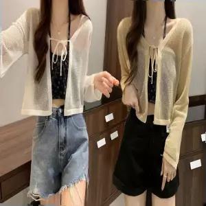 라운드니트 여름 시스루 망사 메쉬 긴팔 볼레로 가디건 세미 크롭