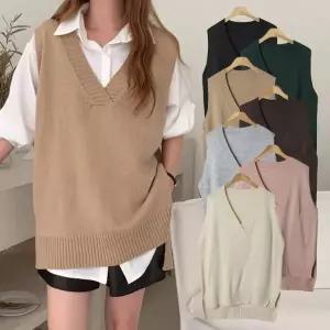 여성 7컬러 브이넥 트임 니트 롱 조끼 레이어드 베스트 -WVE0008- 봄 가을