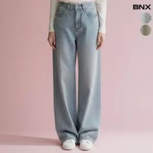 여성 스트라이프 워싱 데님 팬츠