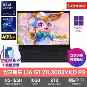 레노버 씽크패드 L16 Gen1 21L3003YKD P3 노트북 윈도우11PRO 울트라5 125H 16GB 2TB 16인치 업무용 대학생
