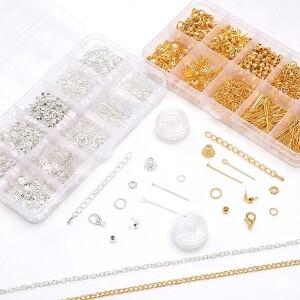 10칸 케이스 포함 금속 쥬얼리 부자재 세트: 게고리링, 배꼽구슬, 비즈캡, 꼬리체인, T핀, 9핀 포함. 목걸