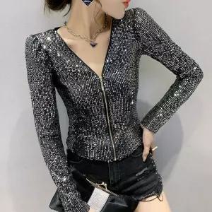 반짝이 스팽글 댄스복 라틴 여성 라인댄스상의 사교 방송 퓨어화이트 S