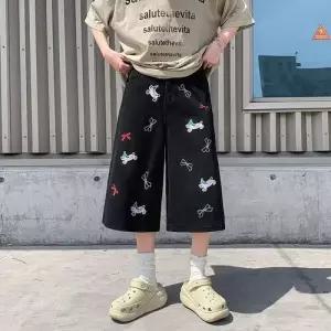 팬츠 데님 남성용 캐주얼 빈티지 청반바지 와이드 자수 반바지 강아지 칠부 슬림핏 패피1