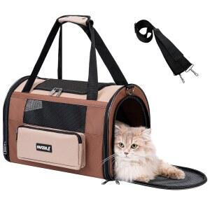 패션 포켓이 있는 15파운드 고양이용 접이식 소형 반려동물 캐리어, 가볍고 튼튼한 여행용 가방 작은 강아지 강아지, 통기성 스타일리시한 고양이 소프트 케이지 케넬, 17.7x11.0x11.8 인치 카키