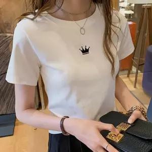 왕관 여자 반팔 티셔츠 라운드 여름 상의 슬림 반팔티