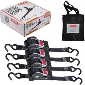마이티 제품 4개 자동 리트랙트 무라치팅 래칫 스트랩 오토바이 ATV 자전거용 코팅된 S 훅 타이다운이 있는