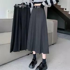 여성 주름 치마 모직 플리츠 빅사이즈 여성 롱 스커트 데일리 가을 겨울