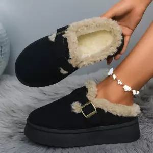 여자 러블리 퍼 안감 버클 키높이 뮬 슬리퍼