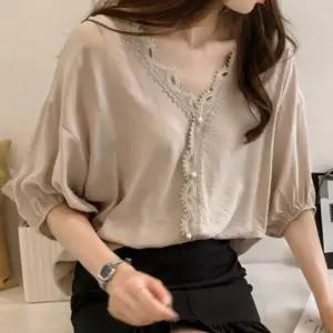 여성 여름 브이넥 레이스 포인트 진주 단추 블라우스 Acq2+9Qox