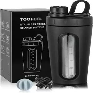 TOOFeel 스테인리스 스틸 셰이커 - 단백질 쉐이크용 28온스 금속 컵 휘스크 볼 2개 차갑거나 뜨겁지 않음