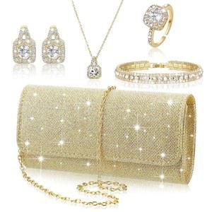 신부 결혼식을 위한 캔칭 5개 라인스톤 주얼리 세트 글리터 블링 클러치 지갑 목걸이 귀걸이 반지