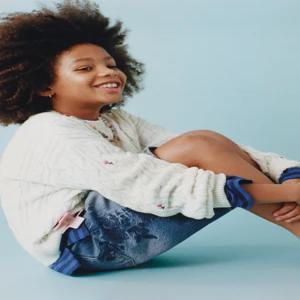 자라키즈 플로럴 자수 디스트로이드 데님 버뮤다 팬츠 - 블루