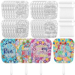 Weysat 24개의 동기 부여 색칠 스타일 게임 선풍기, 종이 홀리데이 위한 용품 장식 카드스톡 및 DIY 페인팅 야외 선풍기 4가지 핸드헬드 세트 핸들링 파티 공예를 교회