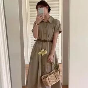 여성 페미닌 롤업 반팔셔츠 롱원피스 벨트포함 2색