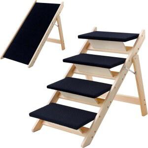 LWTURLOV 우드 도그 계단 / 펫 스텝, 2-in-1 접이식 나무 애완동물 램프, 미끄럼 방지가 가능한 소형에서 중형 침대, 소파, 소파, 자동차, 실내 애완동물 고양이 4단계 계단 사다리 최대 110파운드