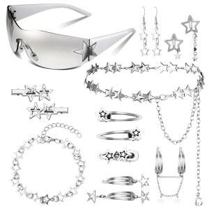 JATEBI Y2K 액세서리 세트 포함 스타 실버 팔찌 허리 체인 선글라스 헤어 클립 귀걸이 빈티지 주얼리 여성용