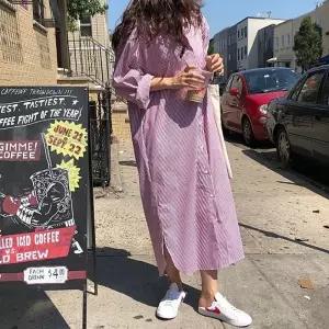 여자 스트라이프 셔츠 긴팔 롱원피스