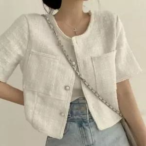 포근 진주 버튼 트위드 크롭 반팔 자켓