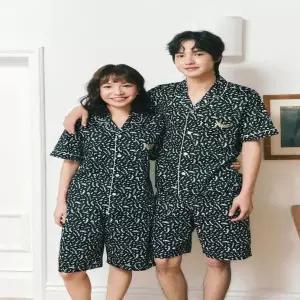 [솔브](정상) 커플잠옷 면 60수 테라조 나염 반팔 파자마 남여 단품_A SPA2608W_SPA2608M_A