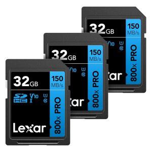 Lexar 32GB(3팩) 고성능 800배 PRO SD 카드, UHS-I, C10, U1, V10, 4K, 최대 150MB/s 읽기 메모리 카드, 포인트 앤 슛 및 미드레인지 DSLR 카메라, HD 캠코더(LSD0800P032G-B3NNU)용