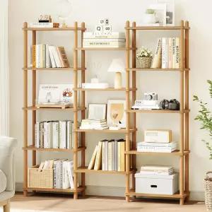 IOTXY 원목 3단 와이드 책장 - 견고한 너도밤나무 프레임의 5단 대형 선반 가정 및 사무실용 키 큰 독립형