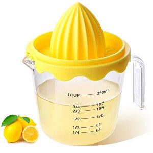 레몬 스퀴저, 플라스틱 주스기, 분리 가능한 분리형, 계량컵이 있는 수동 레몬용 주스 스퀴저 핸드헬드(노란색, 큰색)