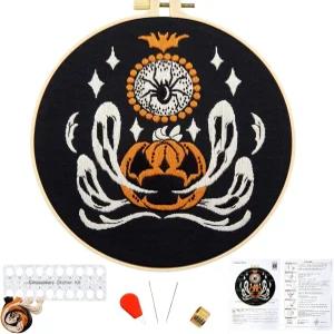 초보자를 위한 할로윈 자수 키트 고스트 스타터 크로스 스티치 여성을 취미용 원단 실 후프 및 비디오