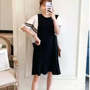 여성 가오리핏 멜빵 페이크 레이어드 라운드넥 원피스 쉬폰원피스