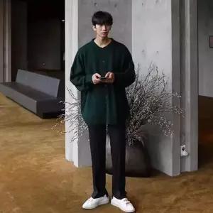 빈티지 남성용 니트 솔리드 코트 칼라넥 터틀넥 루즈핏 댄디 스웨터 긴팔 풀오버 반오픈 스포M1