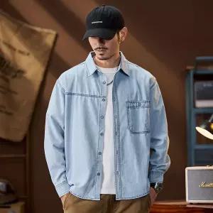 남성 청 면 봄 셔츠 포켓 빅사이즈 멀티 얇은 긴팔 유행1