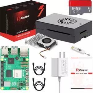 라즈베리 파이 5 RAM 8GB-64GB 에디션용 iRasptek 스타터 키트 OS-Bookworm 사전 로드(알루미늄 케이스)