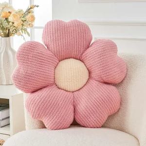 Kcvvcr 꽃 던지기 베개 귀여운 모양 장식용 침대 소파용 부드러운 데이지 바닥 좌석 쿠션(19.6인치 핑크)