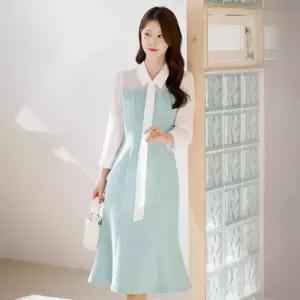 XXL까지) 렐라드 타이넥 트위드 배색 원피스 봄 가을 하객룩 오피스룩 모임룩 격식룩 빅사이즈