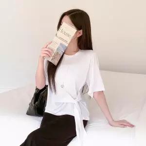 |KHTA1D3|여성용 데일리 사무복 찰랑거리는 리본 포인트 반팔 티셔츠